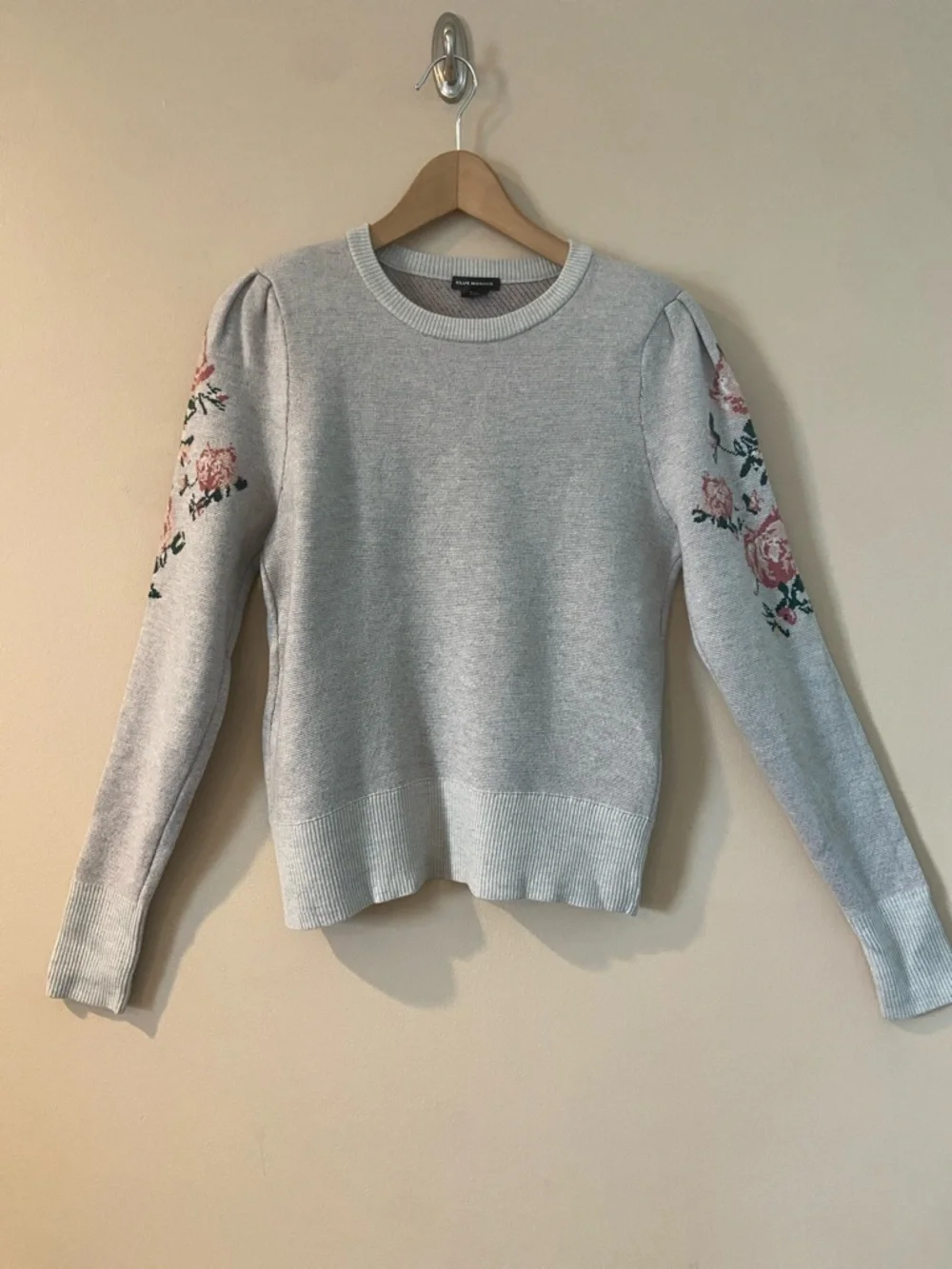 Club Monaco Poella Puff Sleeve Merino Wool Sweater Embroidery Print Size Medium